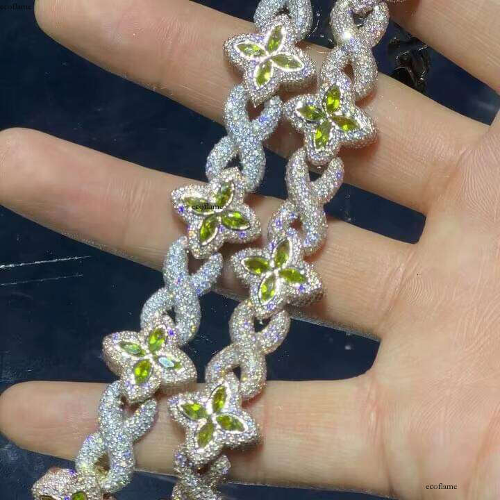 Charming Colorful Marquise Eye Moissanite Four-Leaf Clover Sier Cuban Chain Men's Women's Jewelry Bracelet Bangle