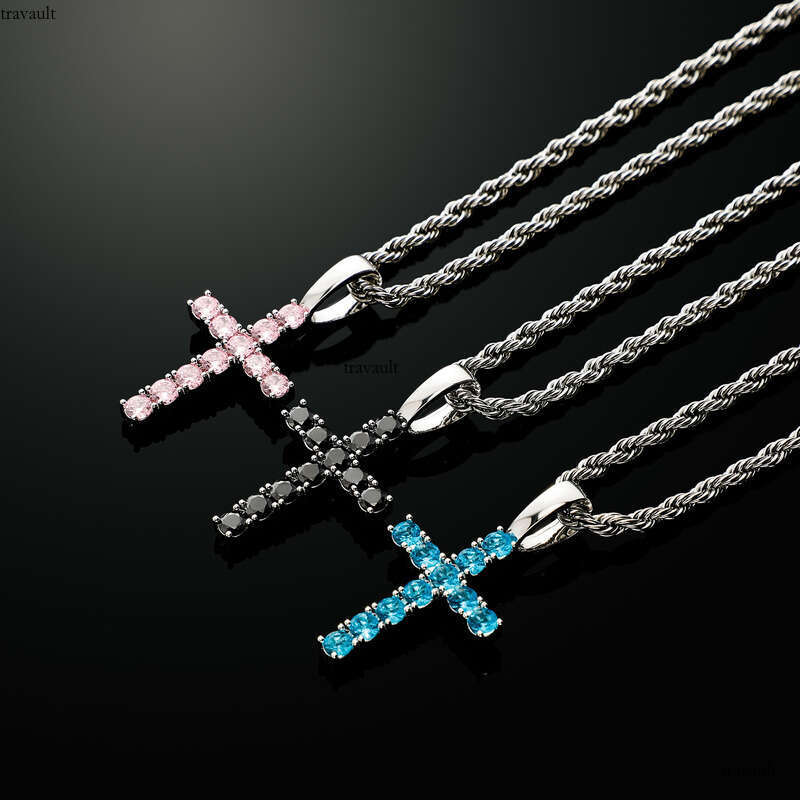 Hip Hop Color-Retaining Plated Maswei Same Style Color Dia Cross Pendant Necklace Unisex Rap Simple Accessories