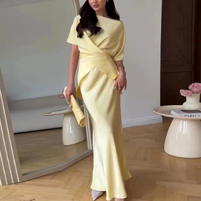 Spring Summer Satin Long Dress Suit White Elegant Crew Neck Cross Tie-up Top Bodycon Skirt Set 2 Piece Chic Solid Woman Outfit 250808