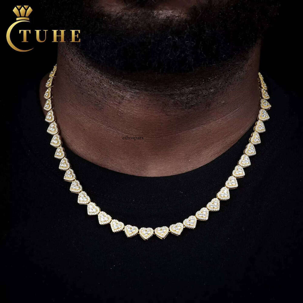 Party Jewelry 8MM Gold Plated Sterling Sier VVS Moissanite Dia Valentine Gifts Heart Tennis Chain Necklace