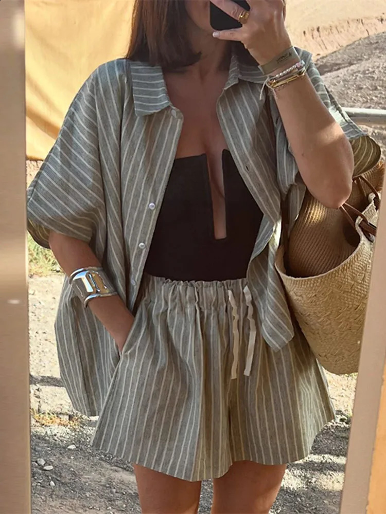 Casual Striped Lace Up Women Shorts Suits Lapel Half Sleeve Single Breasted Shirt Wide Leg Summer Chic Lady Sets 250809