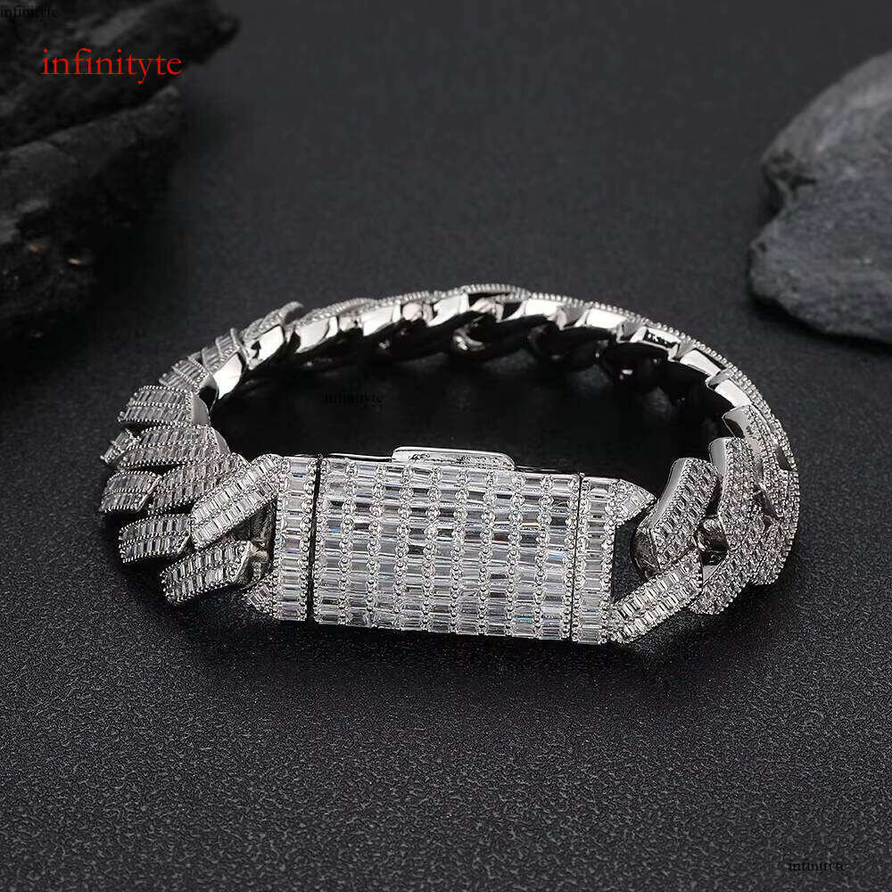 NUOYA Women's Shiny Iced Out Baguette Dia Cuban Link Chain Bracelet 20mm Sier Plated Hip Hop Fine Jewelry