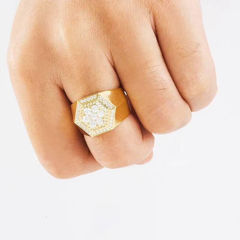 Luxury Lab Grown Moissanite Diamond Iced Out Gold Big Ring 925 Silver Hip Hop 18k Gold Plated Man Rings
