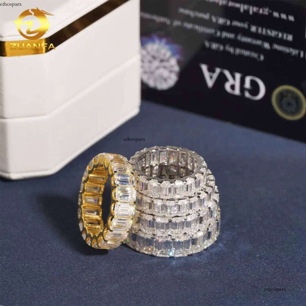 Solid Sier Moissasnite Eternity Ring Iced Out Engagement Rings Emearld Cut Women Men Rapper Jewelry