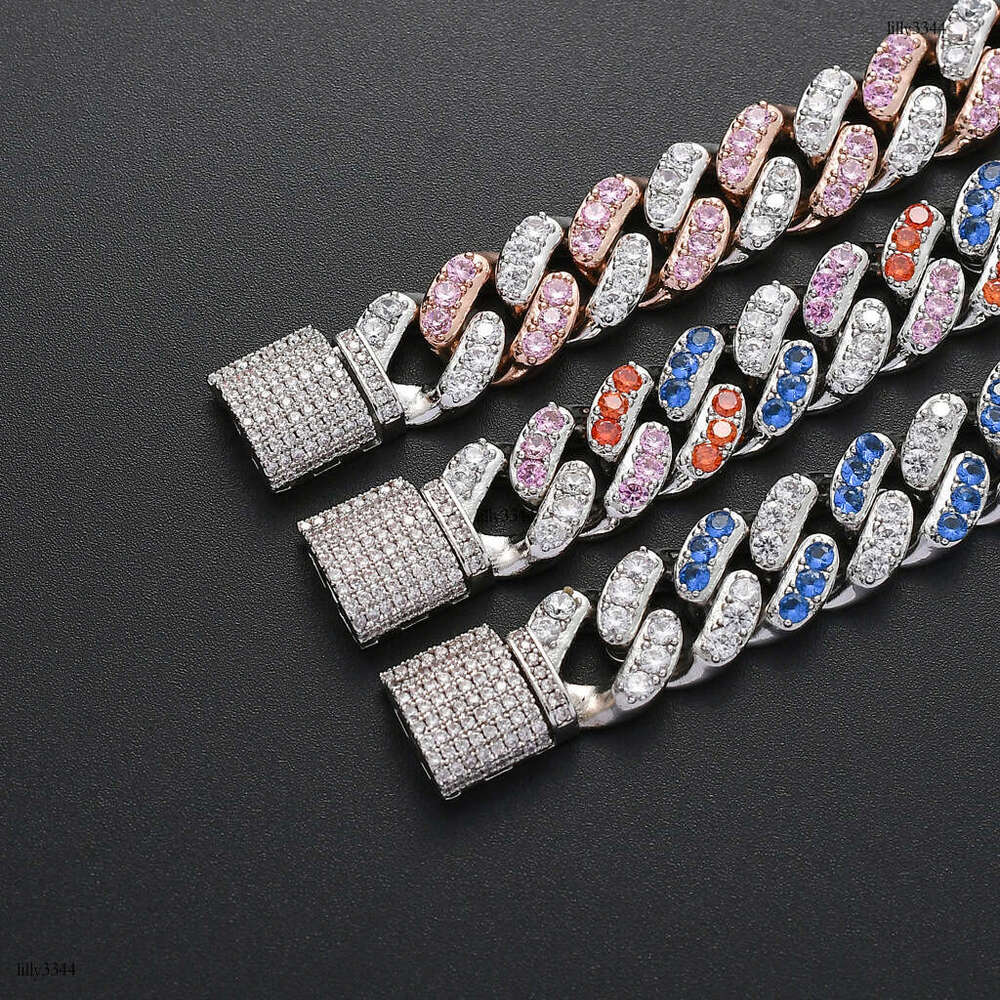 Bracelet 12mm Micro Paved 4 Color Zircon Cuban Chain Men's Hip Hop Trendy Accessories