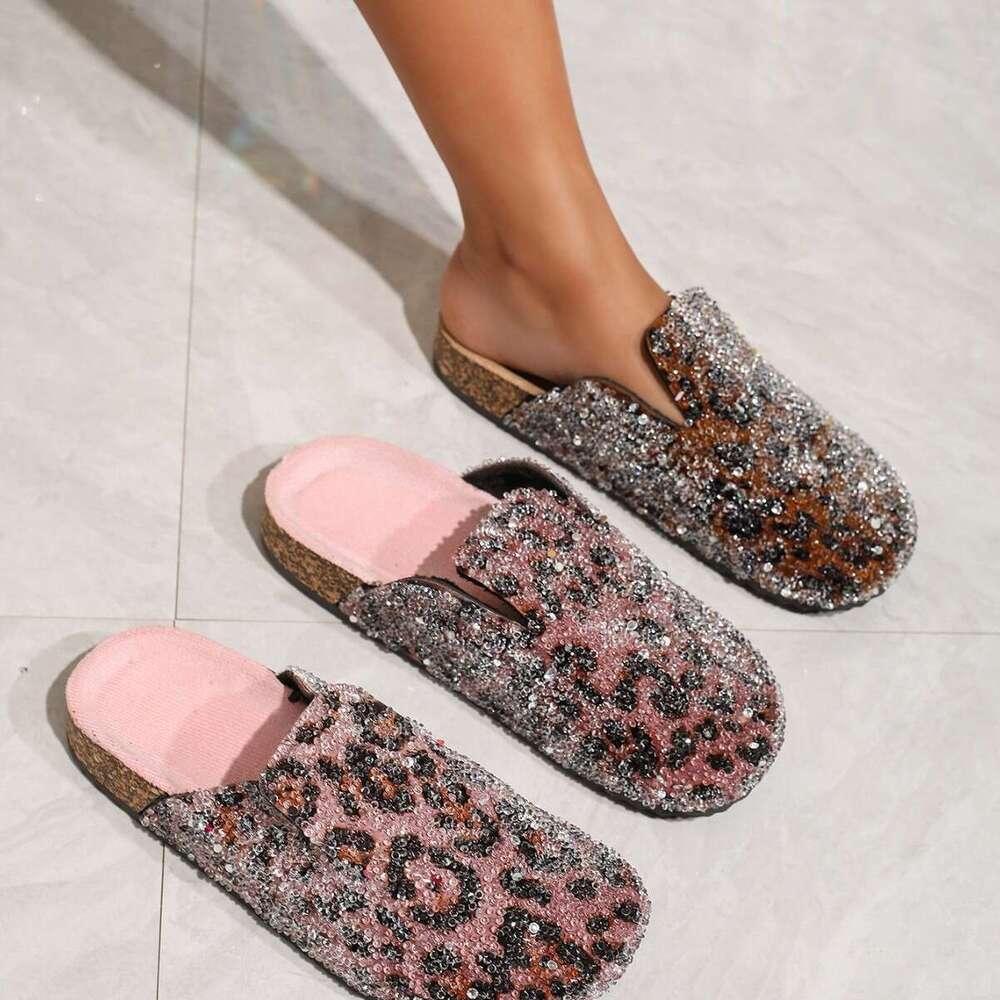 Pointed Toe Half Slip-On for Women Leopard Print Summer Outdoor Fashion Flat Sandals Soft Sole Internet Celebrity Lazy Women's Shoes