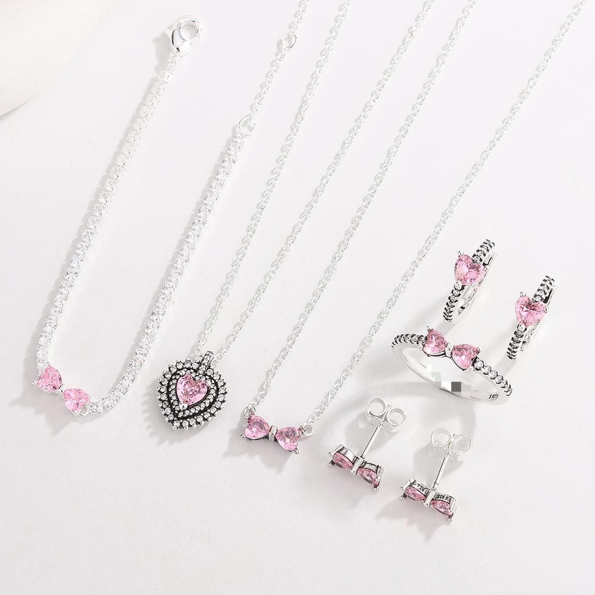 S925 Silver Pink Bow Bracelet Necklace Earrings Earrings Ring Set Cross-border Hot Sale