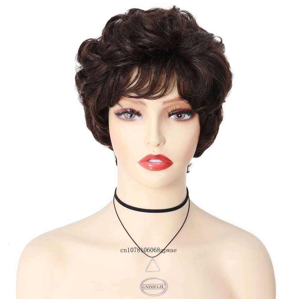 Women's Short Curly Hair Dark Brown Wigs with Bangs Natural Daily Fluffy Hairstyle Grandma Mommy Gift Wig Cosplay Party Use