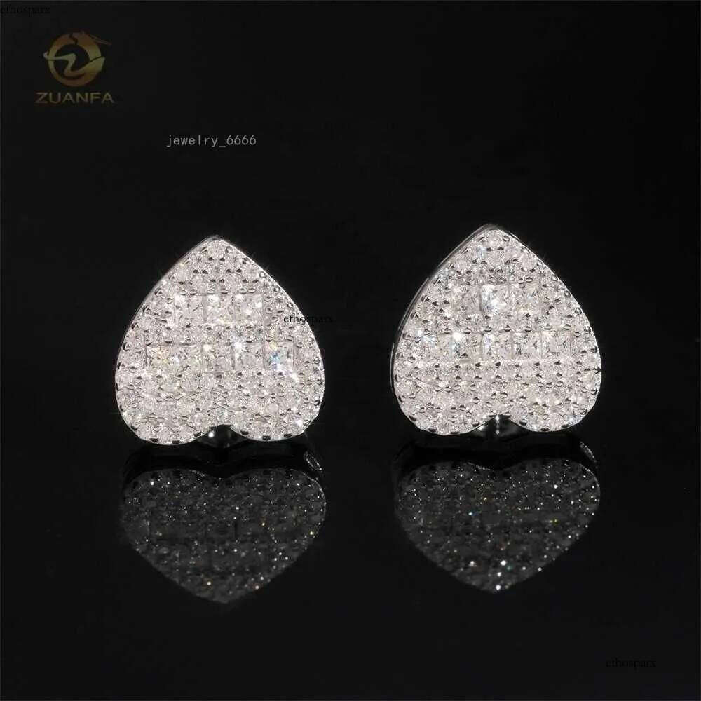 Hot Selling Popular Iced Out Hip Hop Sterling Sier Moissanite Dia Love Heart Stud Earrings