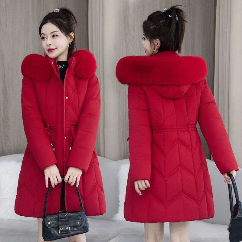 Clothing Winter Down Women's Mid Length Style Waist Thickening Warm Large Fur Collar Jacket New Cotton Coat