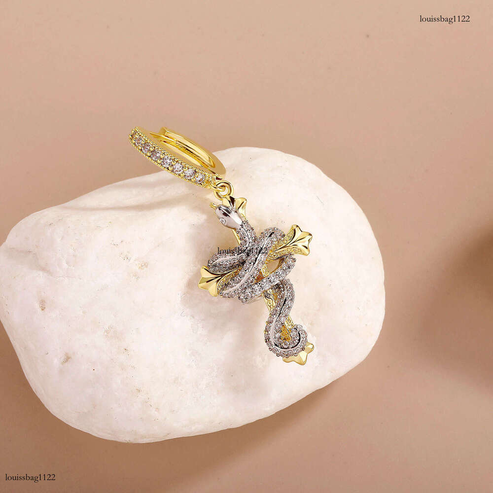 Year of the Carved Two-tone Cross Full Zircon Domineering Snake Unisex Non-fading Earrings
