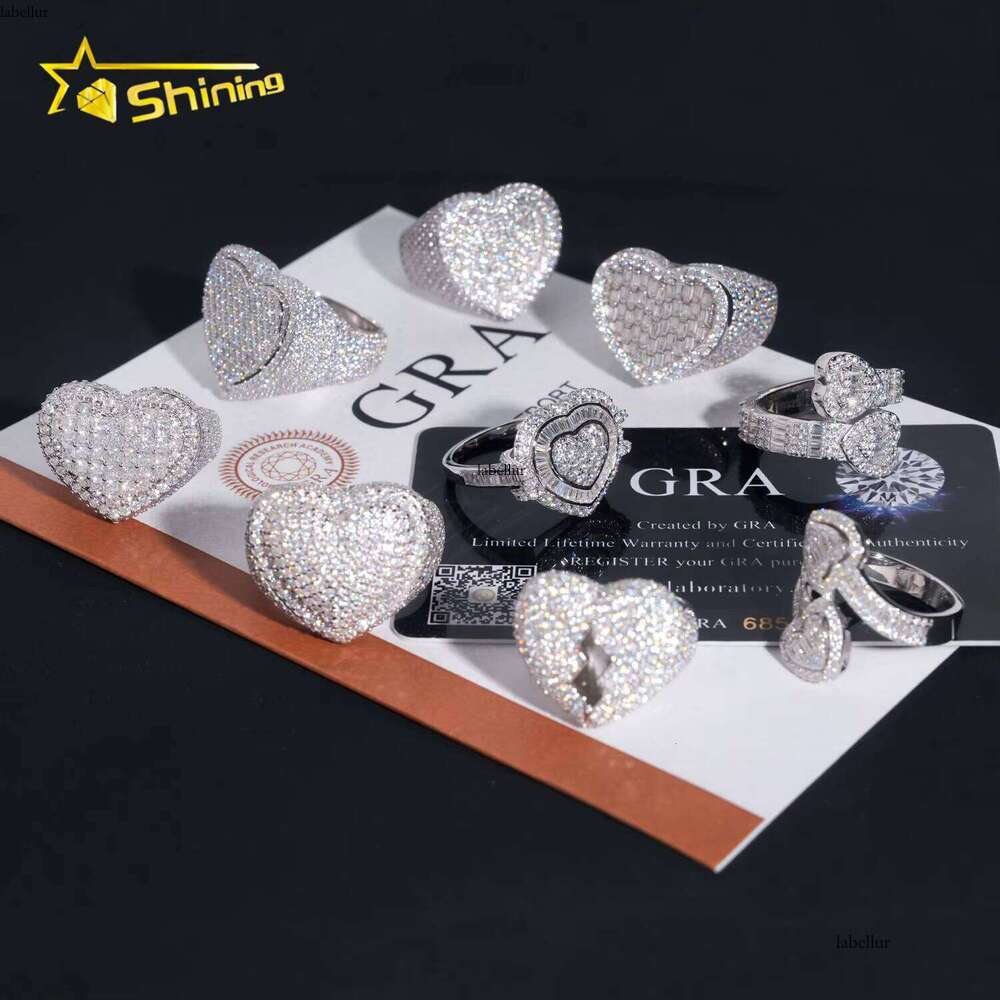 Fine Jewelry Pure Sier Gold-Plated Ice Out Men's Heart-Shaped VVS Silica Hip-Hop Ring