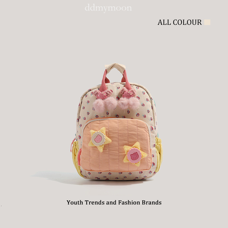 Children's Strawberry Print Canvas Dopamine Color Block Cute Backpack ddmymoon