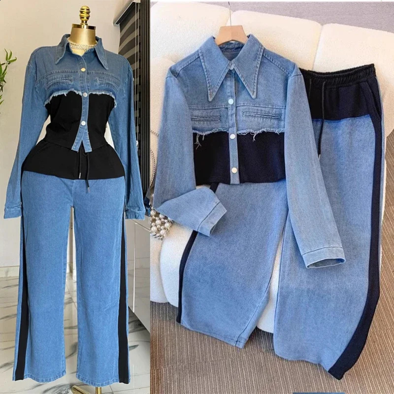 Vintage Women Patchwork Denim Jacket Pant Sets Long Sleeve Cropped CoatHigh Waist Wide Leg Pants Daily Versatile Denim Suit 250808