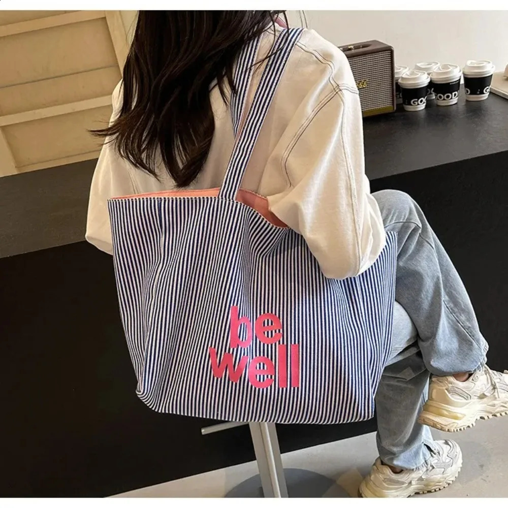 Korean Style Versatile Womens Shoulder Bag Canvas Stripe Tote Bag Two-sided Large Capacity Handbag Womens Accessory 250809