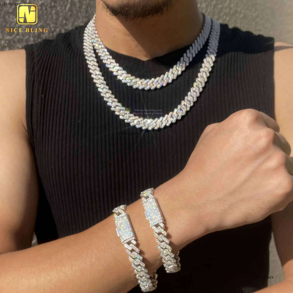 Hip Hop Iced Out Sterling Sier Moissanite Link Chain 12mm Fashion Men Jewelry Cuban Necklace Bracelet