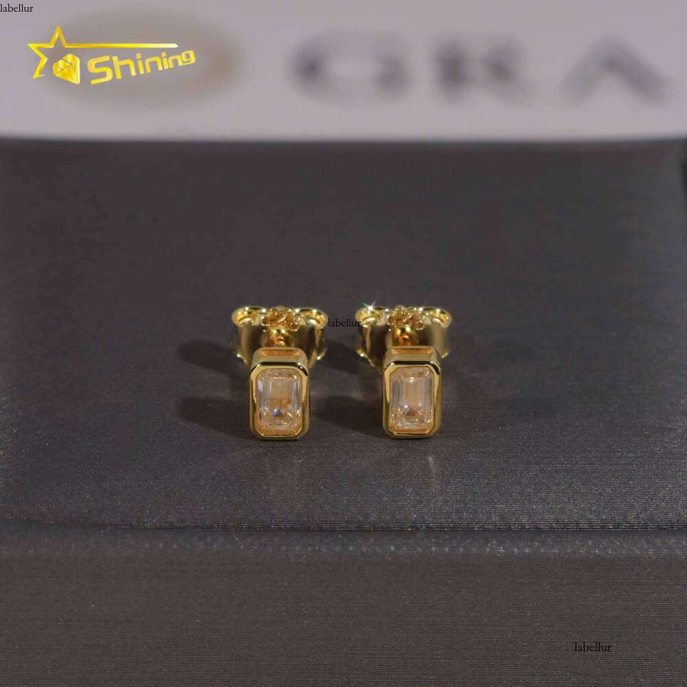 New Arrival Hip Hop Gold Plated Bezel Setting Emerald Cut Moissanite Sier VVS Dia Earrings