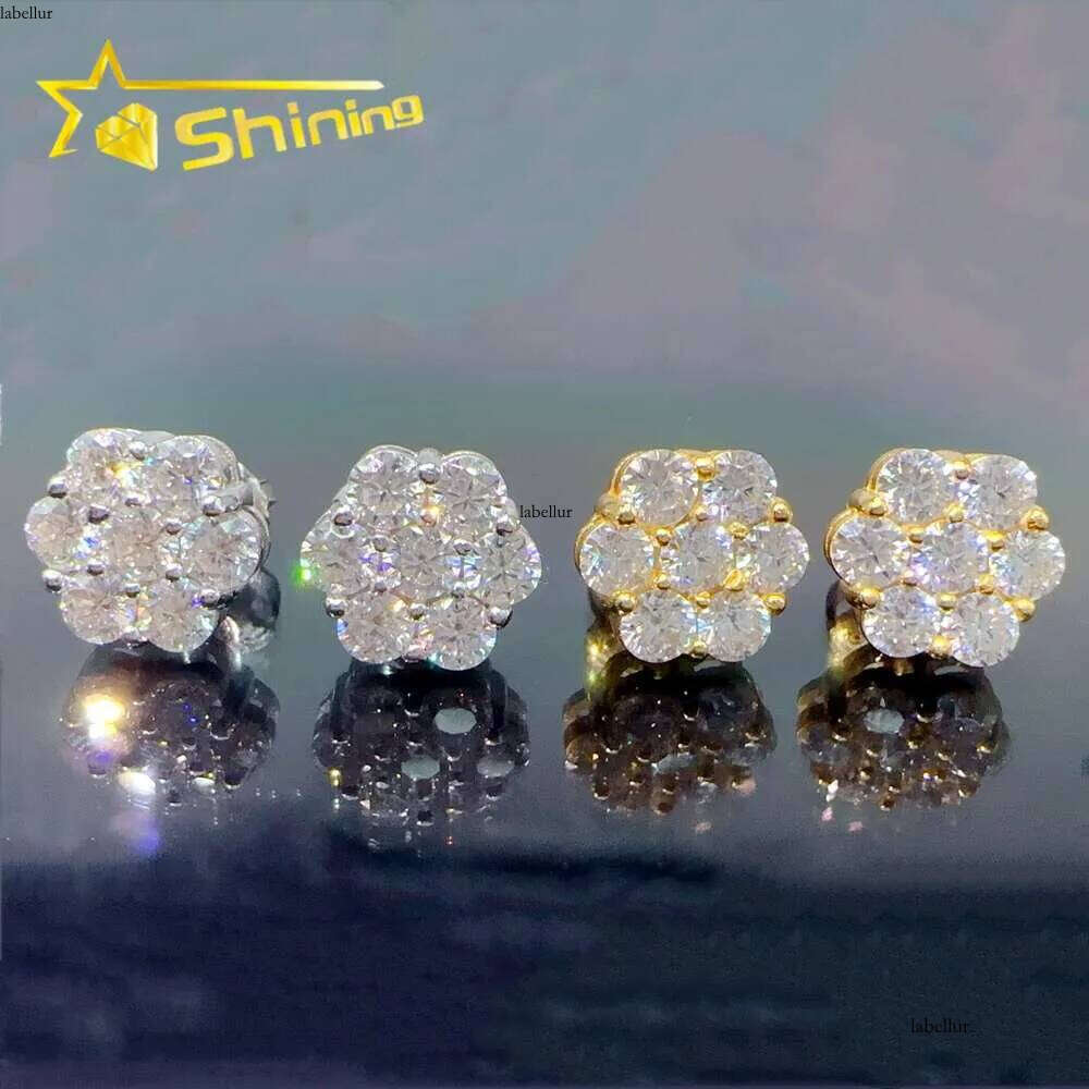 Iced out cluster lab dia screw back sier flower vvs moissanite stud earrings for men women 8mm 9mm15mm Golden and glittering, free delivery