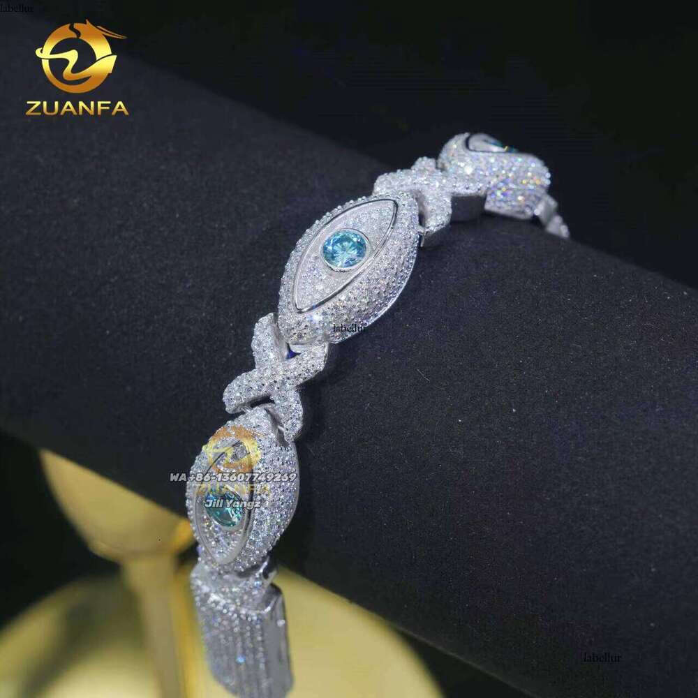 12Mm Fashion Evil Eye Sea Blue Fancy Jewelry Unlimited Moissanite Cuban Chain Bracelet