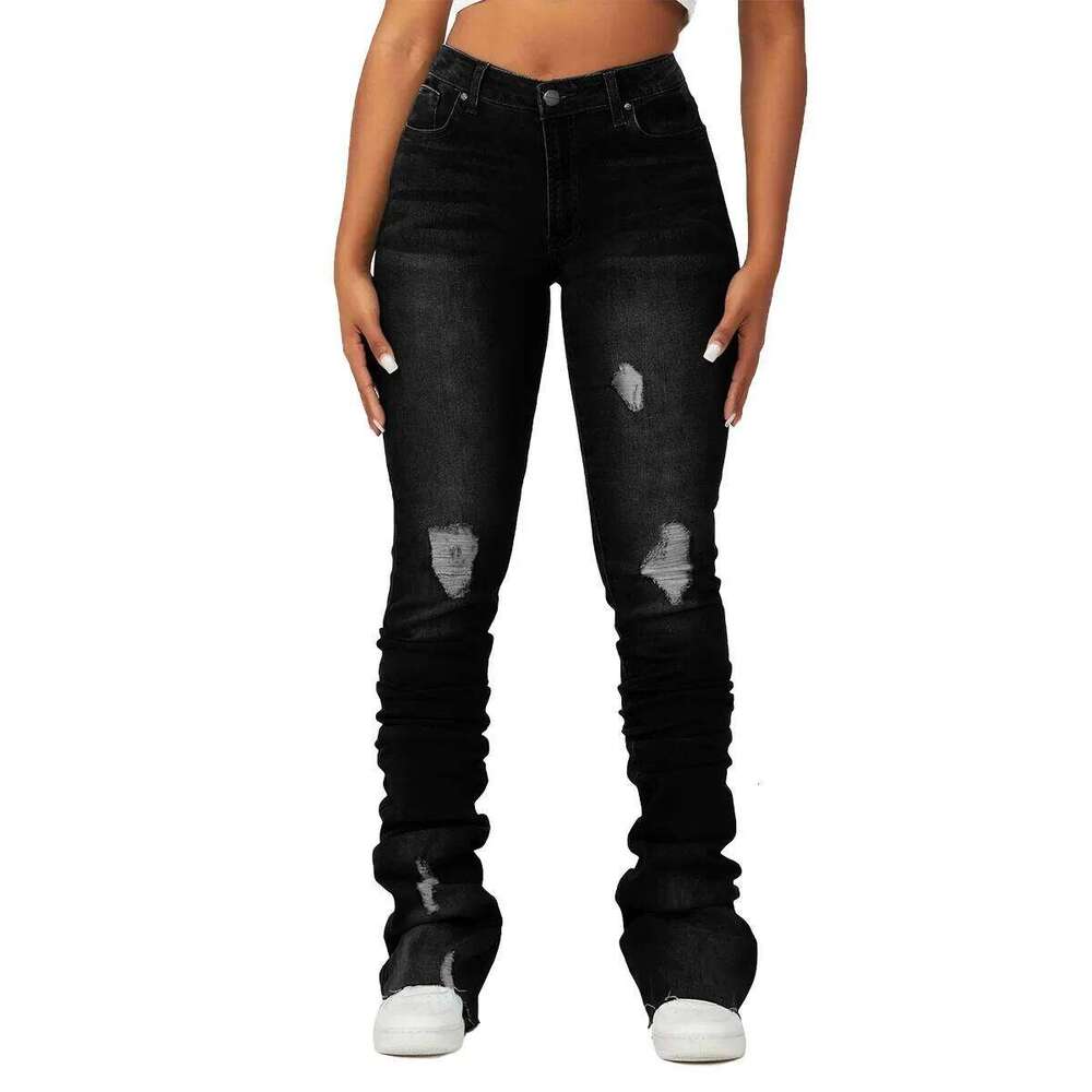 Washed Denim Straight Pants Women Ankle Length Jean Ripped Hole Distressed Pockets Solid Casual Skinny Vintage High Waist