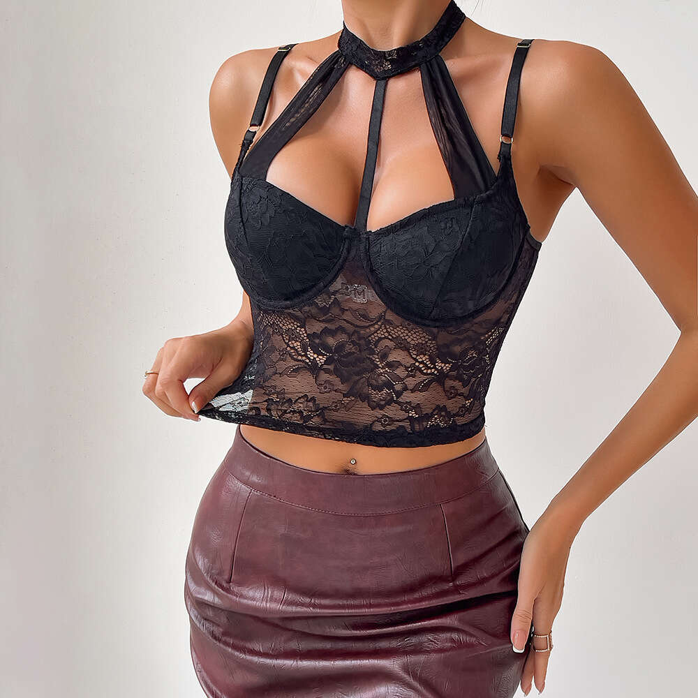 Women's Sexy Lace Hot Girl Top with Underwire, Push-Up Shaping Bra, Halter Neck Camisole for Outerwear