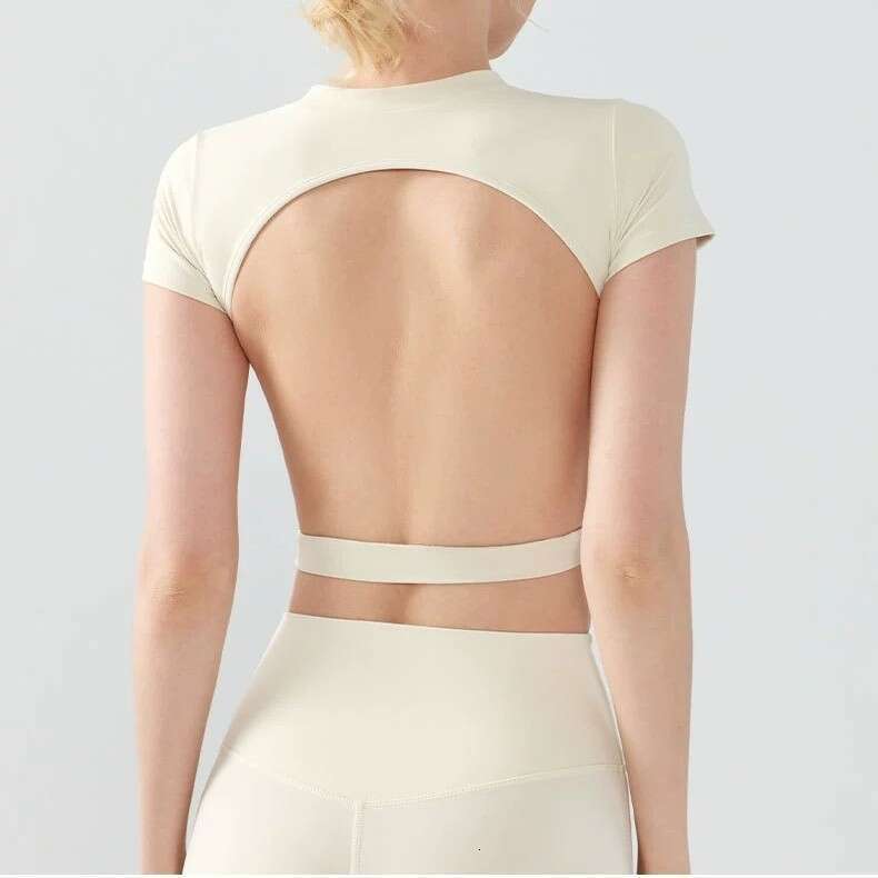 Nude Bamboo Fiber Women's Yoga Sport T - Shirt with Chest Pad for Summer Fitness