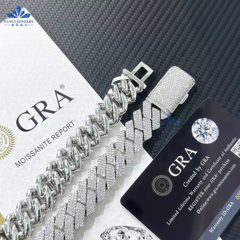 Hip Hop Jewelry 925 Sterling Silver Jewelry Cuban Moissanite Chain 15mm VVS Moissanite Cuban Chain Necklace for Men Women
