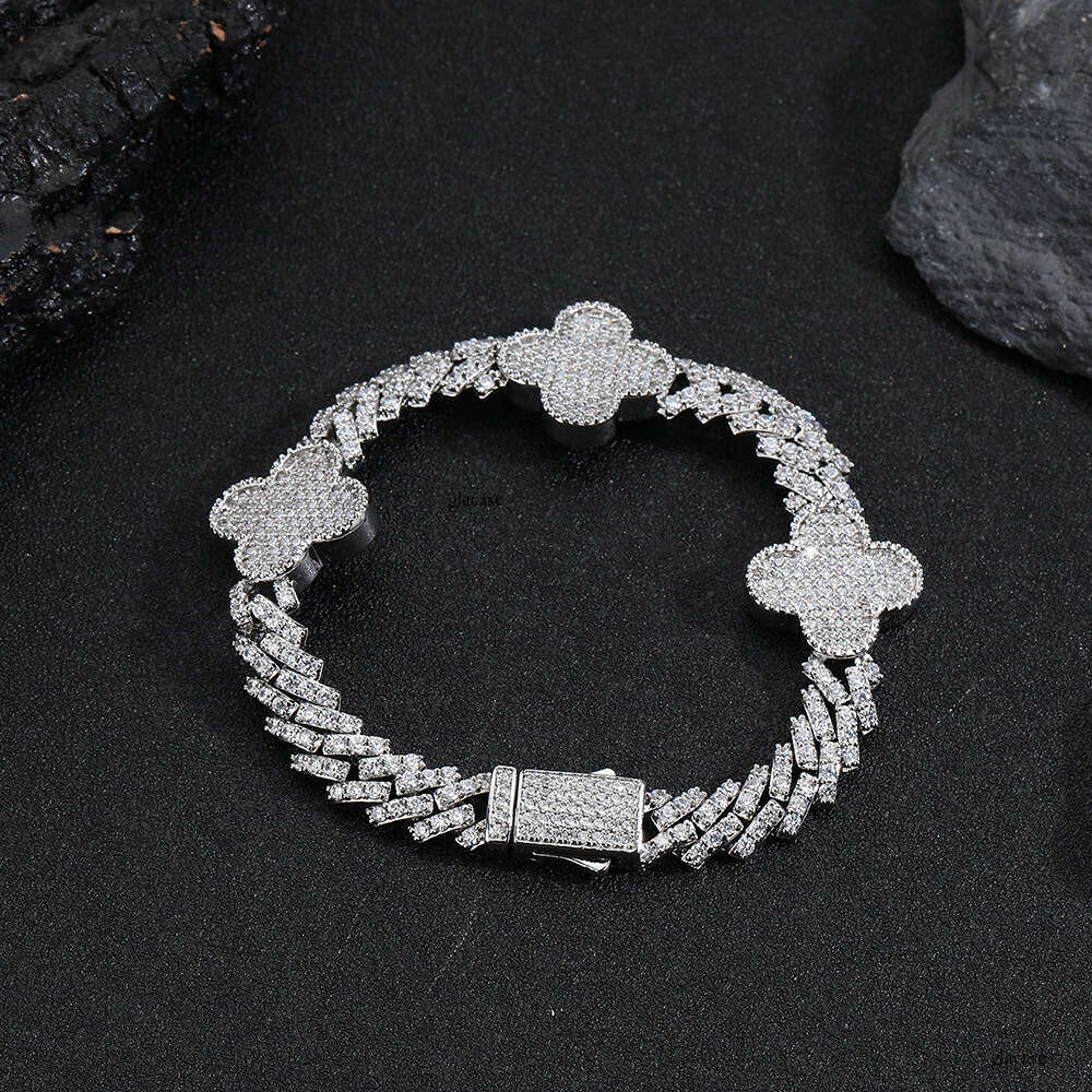 Hip Hop Spring Buckle Four-Leaf Clover Rhombus Cuban Chain Zircon High-End Versatile Men's Bracelet