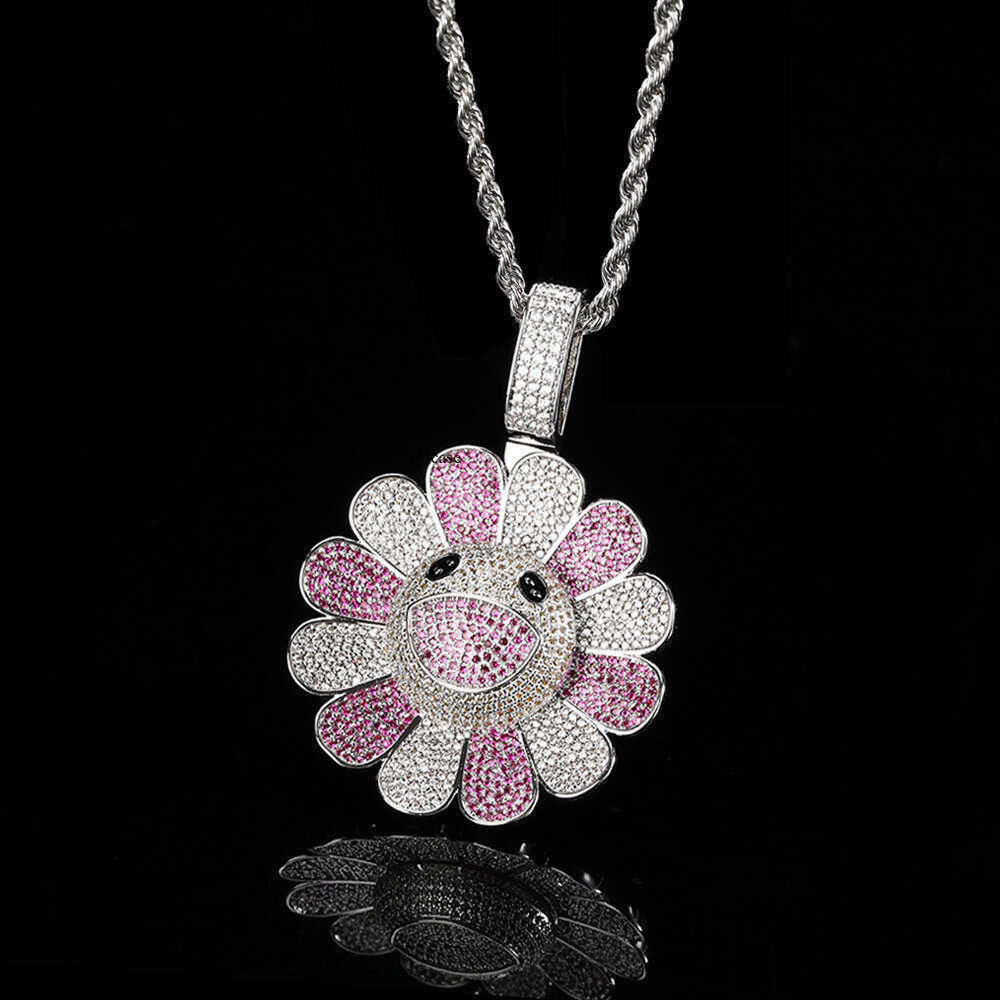 Hip-Hop Rotatable Murakami Suower Trendy Brand Personality Sterling Silver Inlaid Moissanite chain Pendant Necklace