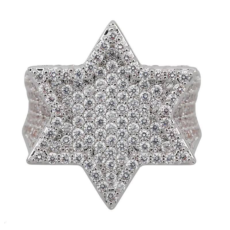 Moissanite Bedazzled Chunky Six Pointed Star Championship Rings Hip Hop Fashion Ring Outfit Jewelry