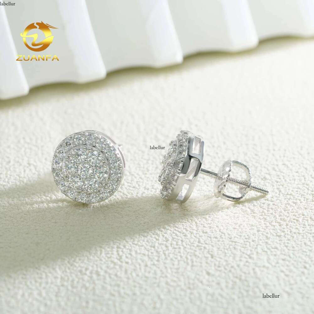 Round Cluster S Pure Sier Gold-Plated Micro Paving Back For Women Men Vvs Sand And Stone Earrings With Screw