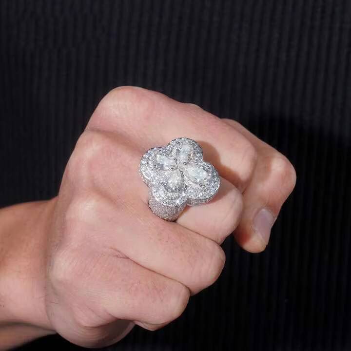 New Arrivals Hot Sale Hip Hop Style Luxury Cross Design Fully Iced Out 925 Silver Cross Pear Cut Diamond Mens Moissanite Ring