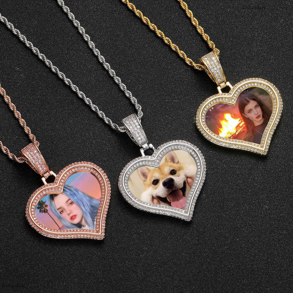 Hip Hop DIY Heart Frame Pendant Couple Photo Micro Paved Moissanite chain Solid Necklace