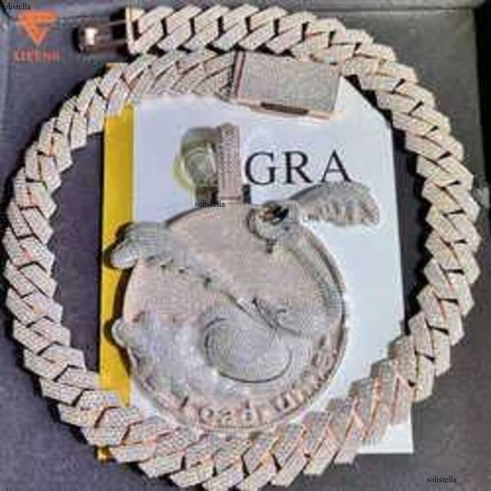 Fashion Design Solid Sier Gra Moissanite 18mm 20mm Wide Dia Iced Out Pendant Necklace Cuban Link Chain for Rapper BGD2