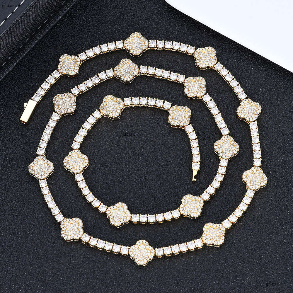 Hip Hop Spring Buckle Moissanite chain Tennis Chain Four-Leaf Clover Necklace Personality Versatile Men's Jewelry