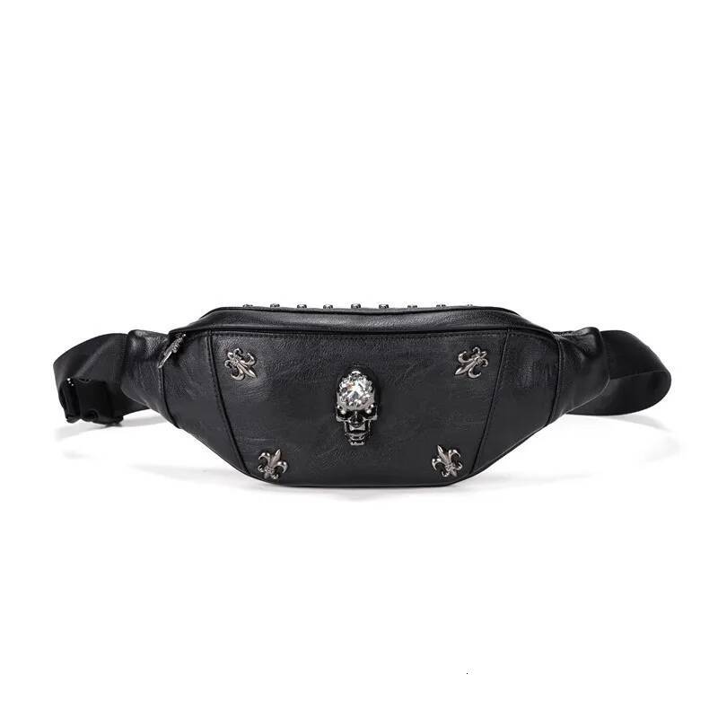 Annmouler 2022 Unisex Waist Packs Punk Style Fanny Pack Black Leather Skull Chests Designer Rivet Phone Pouch Adjustable Bag