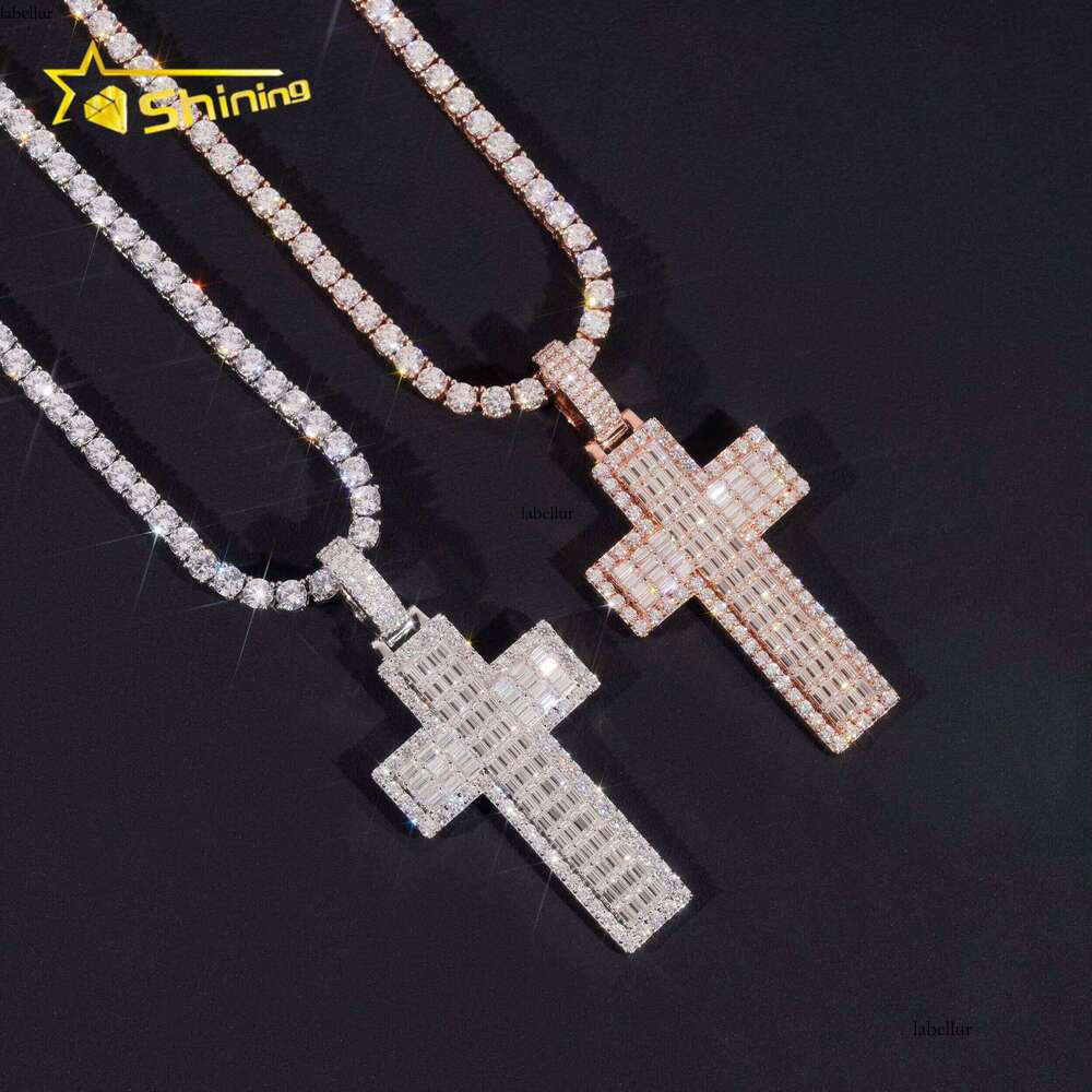 New Baguette Cross Pendant Sterling Sier Gold Plated Pass Dia Tester GRA Moissanite Charms Necklace