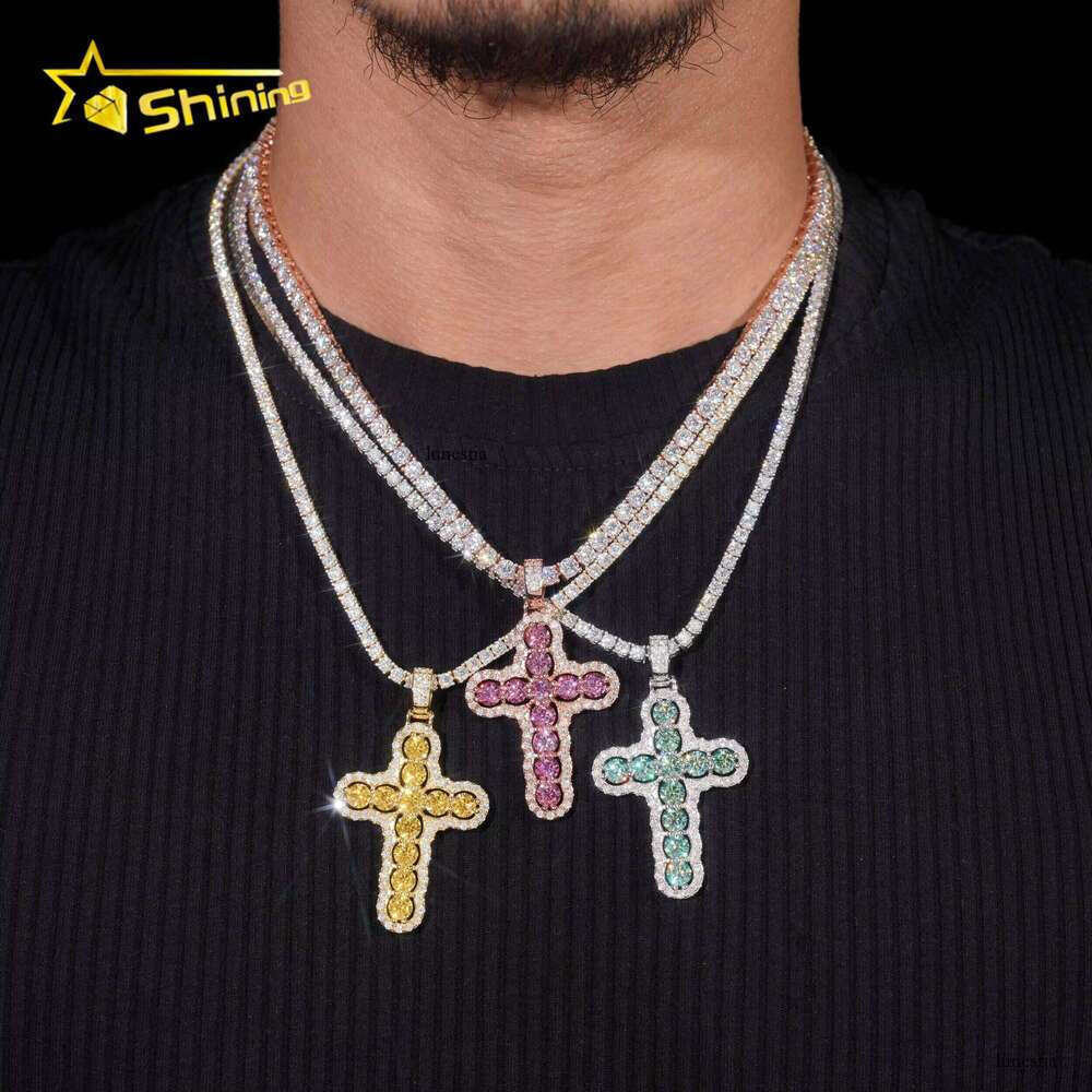 New Fashion Jewelry Gold-Plated Sier Cross Necklace Iced Colorful Chrysolite Charm Pendant