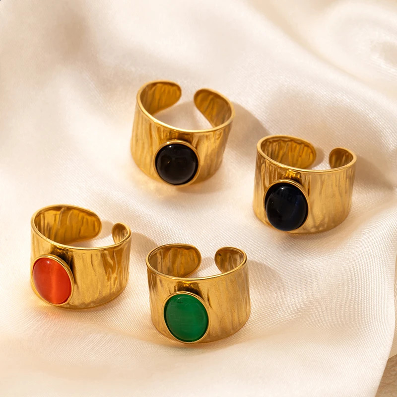 ENSHIR 316L Stainless Steel Inlaid Colorful Stone Wide Ring for Women Men Vintage French Temperament Jewelry Gift Wholesale 250805