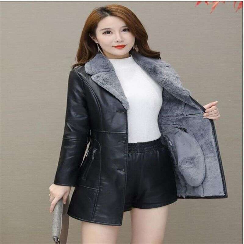 Women's Clothing Autumn And Winter Leather Plus Veet Thickened Mid Length Korean Version New Temperament Slim Fit Waist Pu Jacket Trendy
