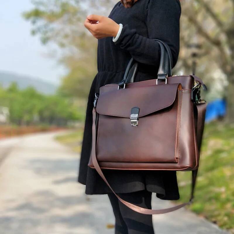 New Vintage Women Horizontal Literary Handbag Multifunction 14" Laptop Bag Dress OL Fashion Leather Business Briefcase