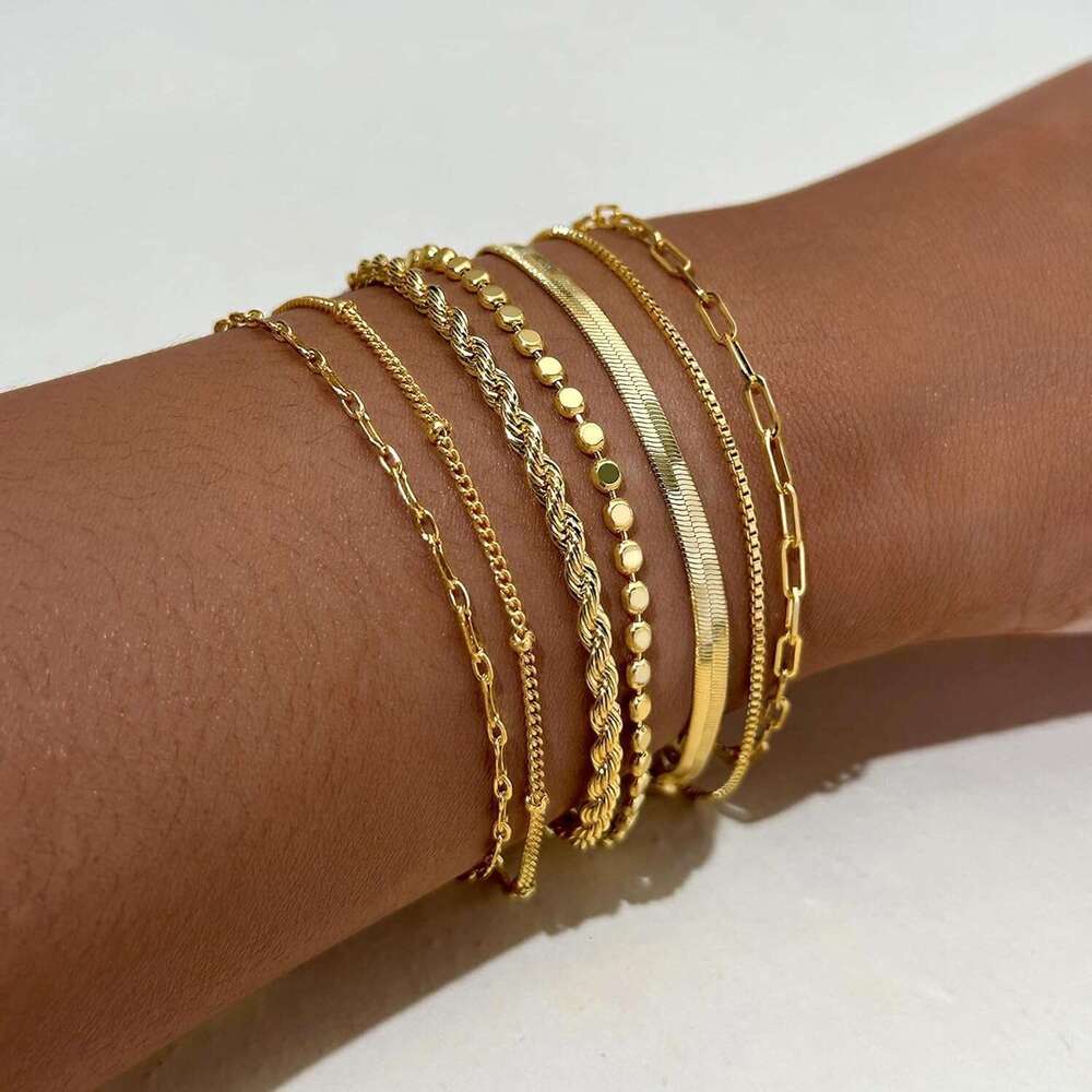 ty 14K Plated Stack Set Trendy Stackable non tarnish Paperclip Chain Bracelets Gold Jewelry Sets Gifts for Women