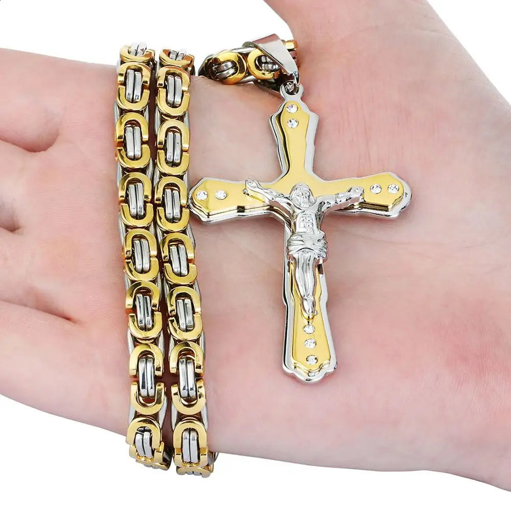 Ancient Men Stainless Steel Crystal Jesus Christ Holy Crucifix Cross Pendant Necklace Byzantine Chain Necklaces Jewelry Gifts 250805