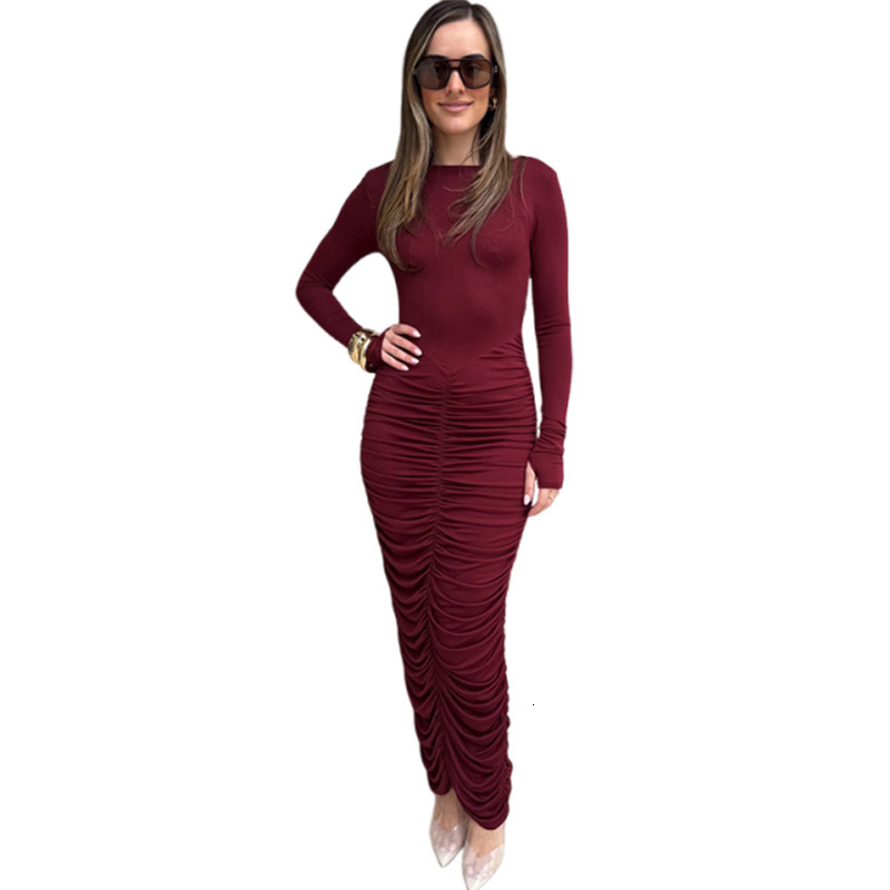 2025 Autumn New Womens Fashion Elegant Slim Fit Solid Color Long Dress with Ruched Long Sleeves