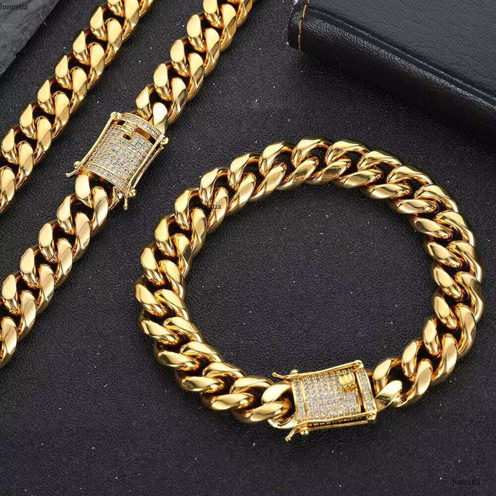 12mm Men's Stainless Steel Link Chain Fine Jewelry Hip Hop with Clasp Buckle Iced CZ Miami Cuban Bracelet