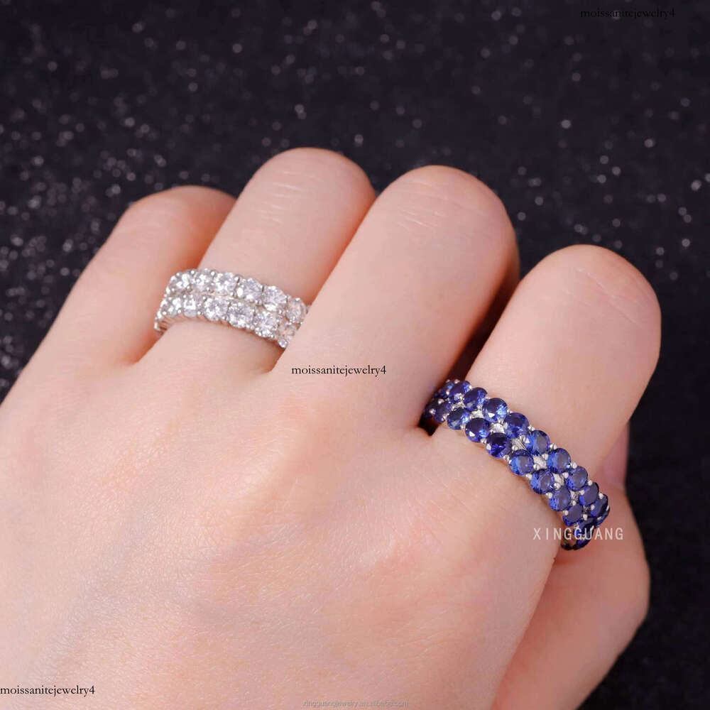 Xingguang Moissanite Jewelry Sterling Sier Lab Grown Sapphire Blue Dia Cuban Ring for Men Women