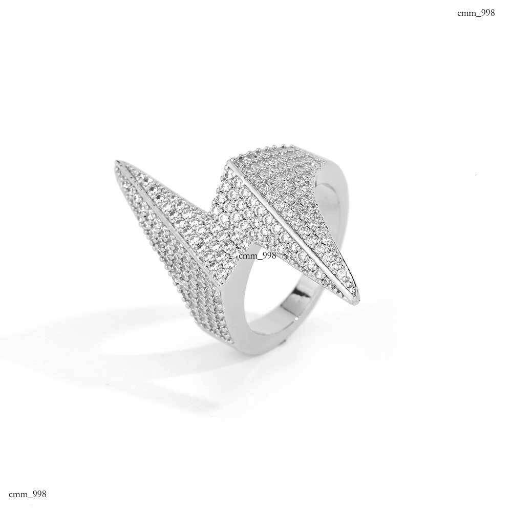 Rhombus Lightning Trendy Brand Personality Hip-Hop Sterling Silver Inlaid Full Zircon Men's Ring Jewelry