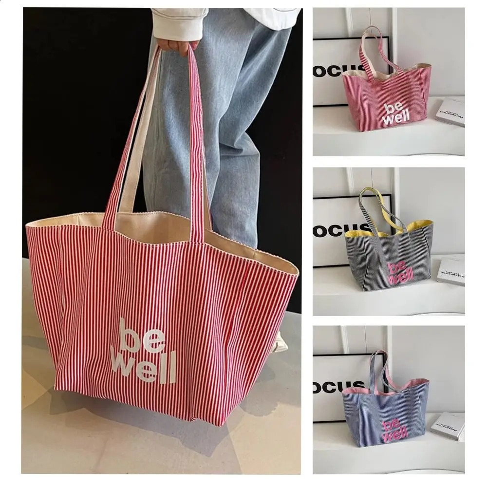 Korean Style Versatile Womens Shoulder Bag Canvas Stripe Tote Bag Two-sided Large Capacity Handbag Womens Accessory 250809