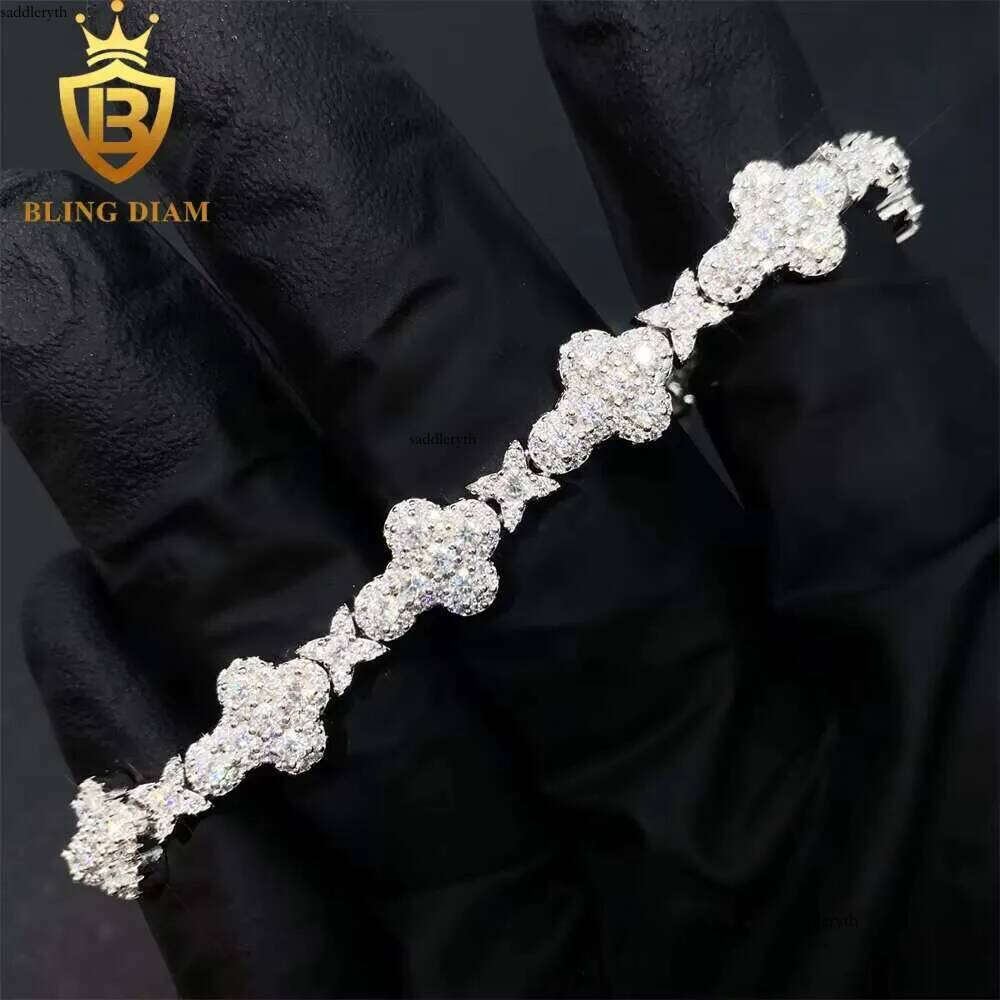10MM 13MM Hip Hop Sterling Sier Jewelry Moissanite Cuban Chain Flower Cross Iced Out Bracelet 46 7a