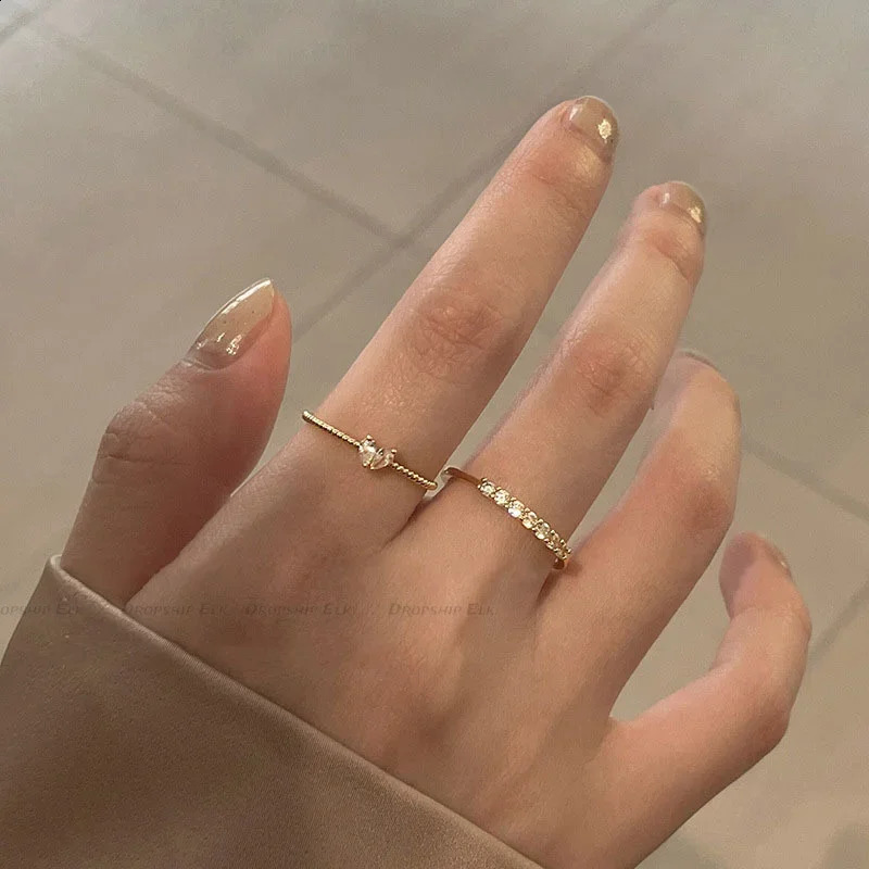2pcs/set Gold Color Heart Zircon Rings Set for Women Girls Adjustable Minimalism Twist Ring Fashion Jewelry Wedding Gifts 250805